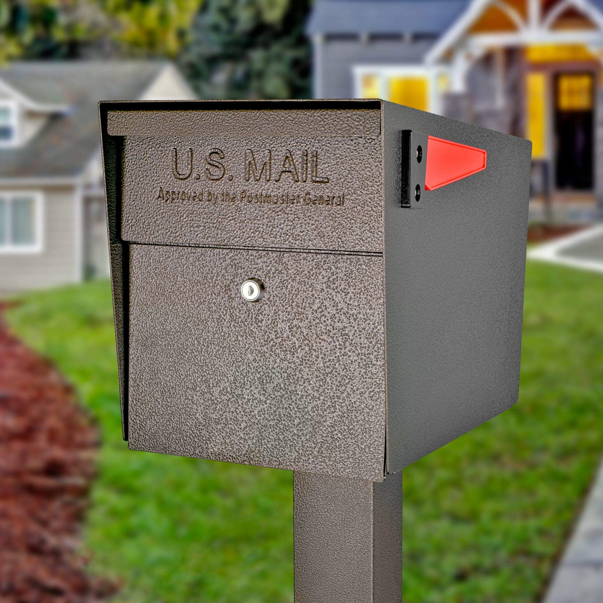 Mail Boss 7123 bronze in-ground post side view, durable steel frame