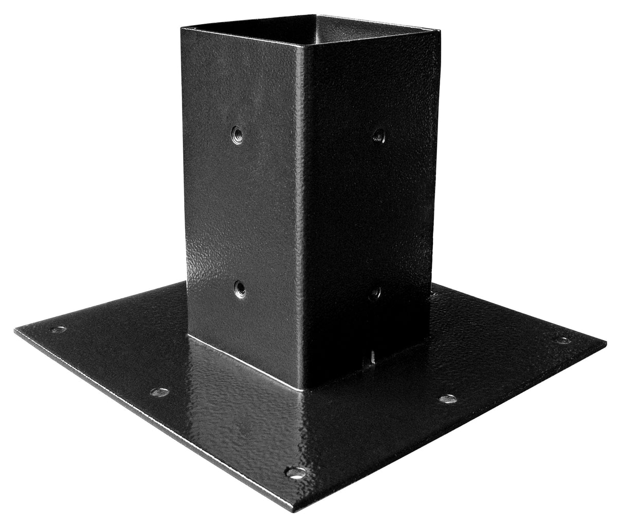 Mail Boss Black 7155 base plate, angle view, secures posts to concrete for durable mounting.