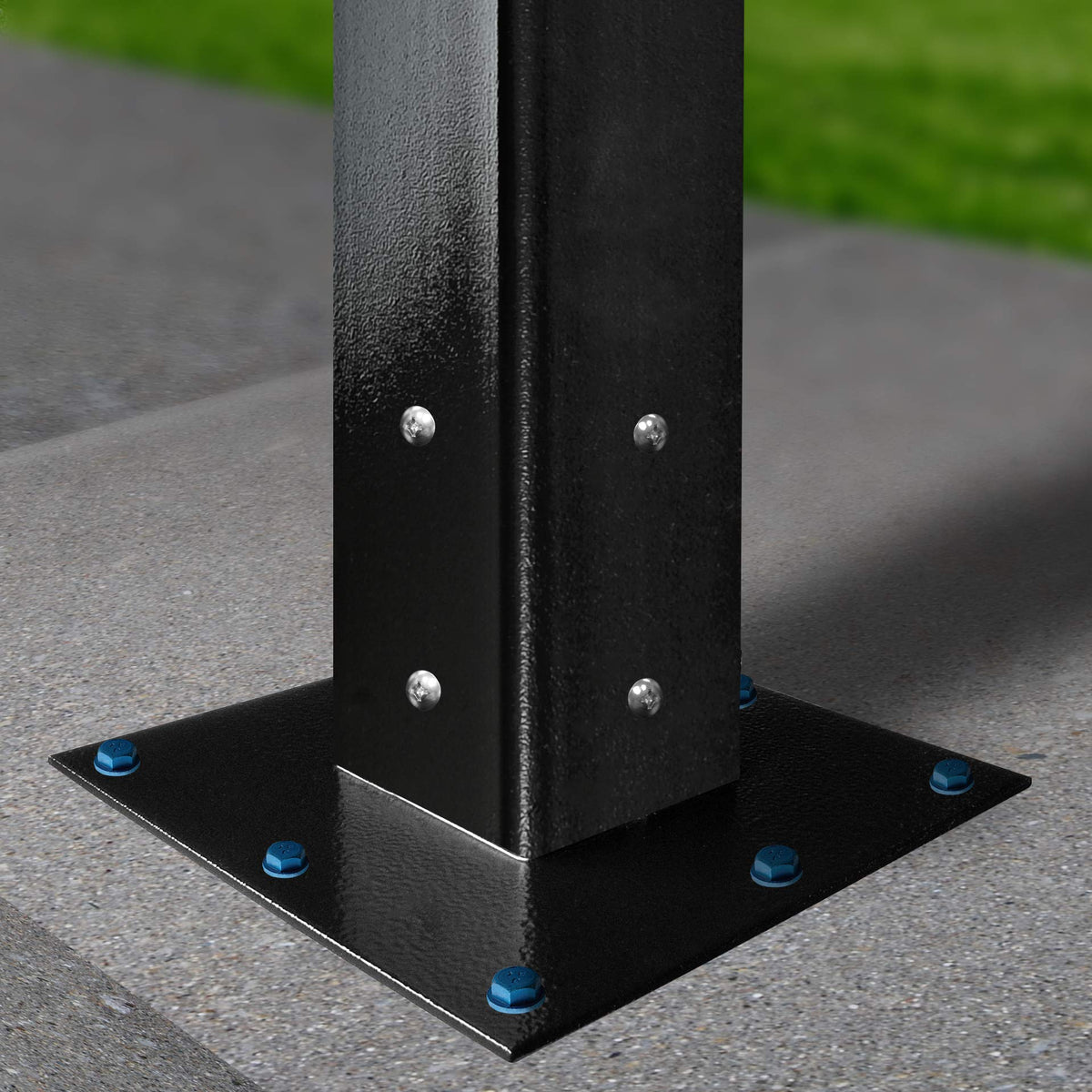 Mail Boss Black 7155 base plate close up, powder-coated finish resists weather and corrosion.