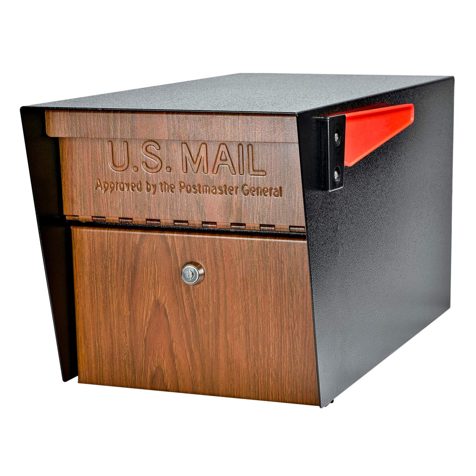 Mail Boss wood grain front face shows curbside security and style