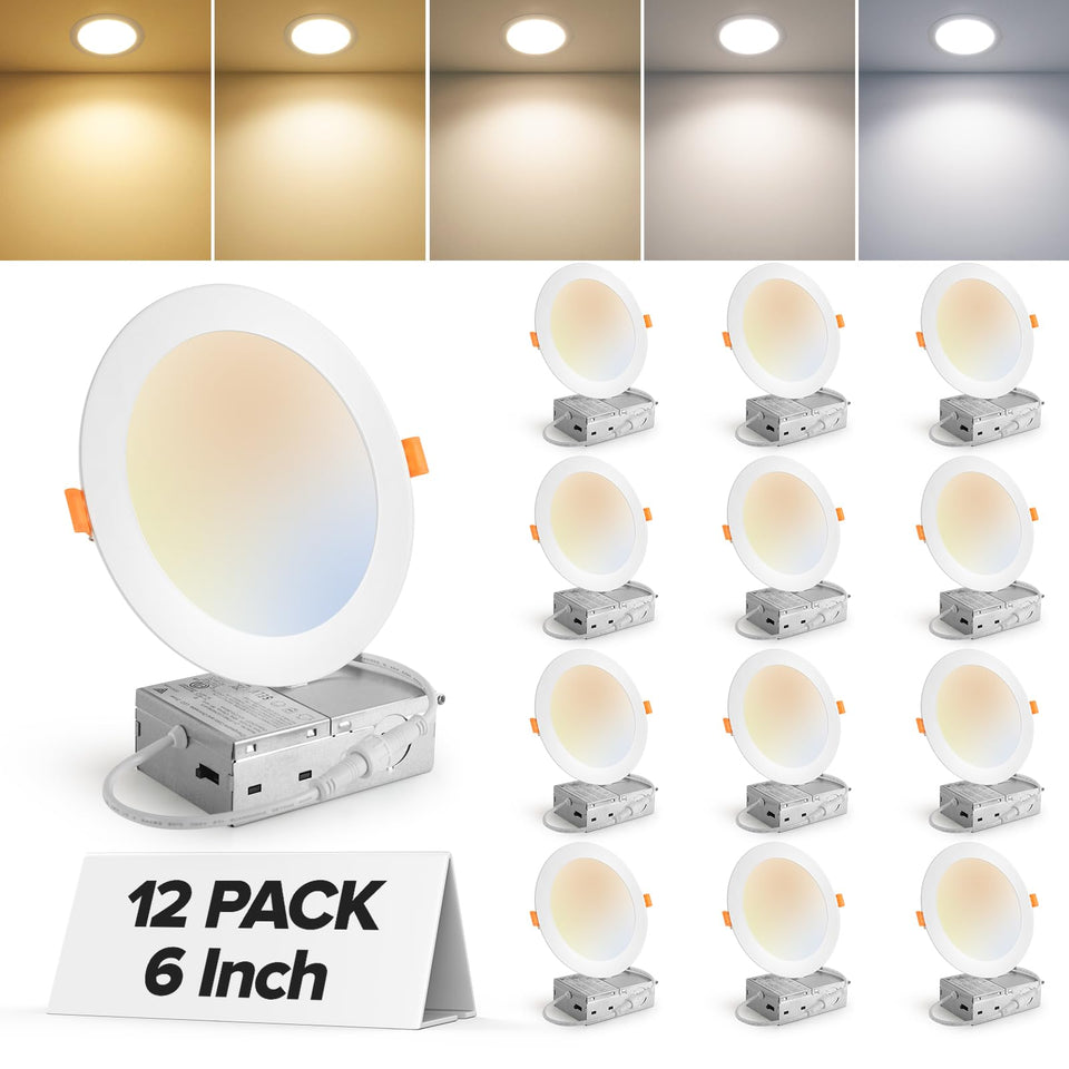 MAILCOS 12-pack 6-inch LED recessed light with junction box for easy ceiling retrofit.
