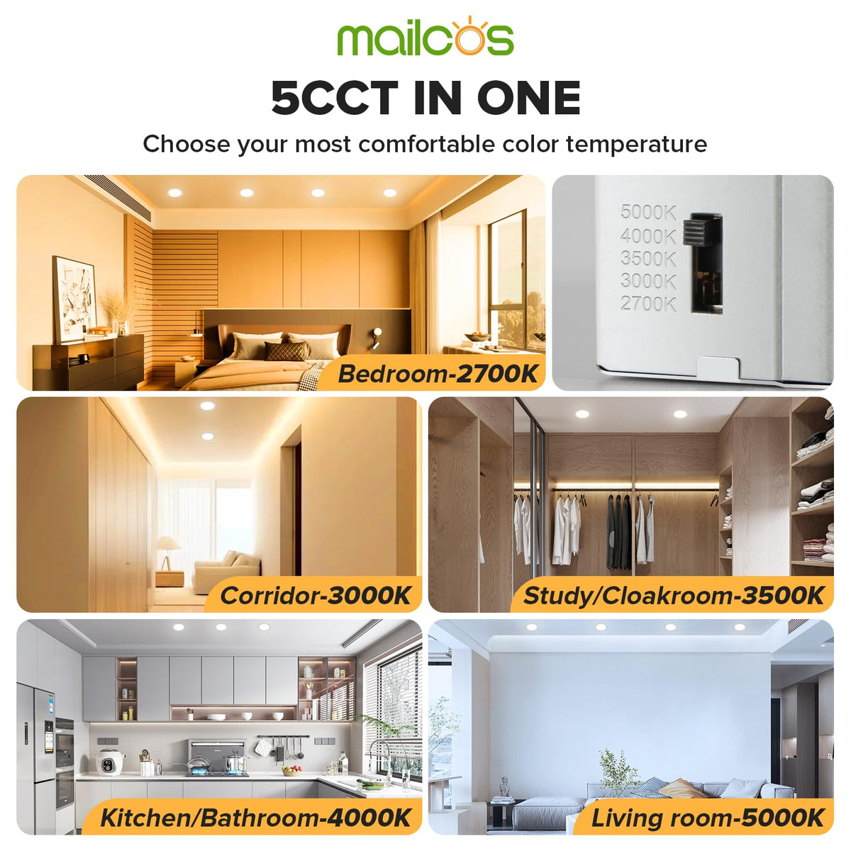 MAILCOS 6-inch LED downlight showing side CCT switch for adjustable color temperature.