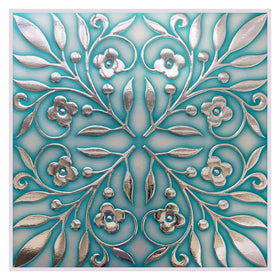 Main Street teal and silver leaves tiles for renter-friendly backsplash installation.