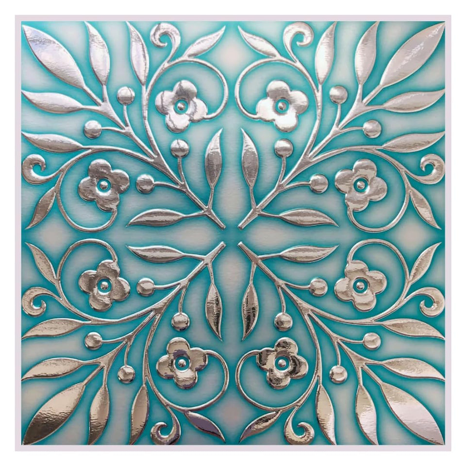 Main Street teal and silver leaves tiles for renter-friendly backsplash installation.