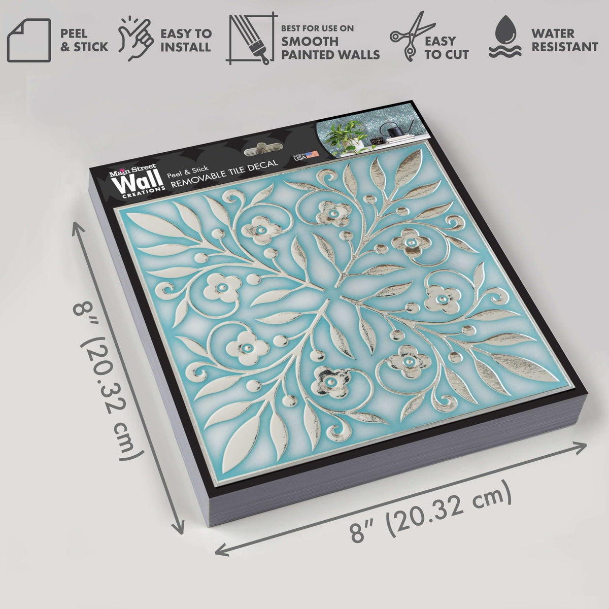 Main Street 8x8 teal leaves peel-and-stick tile with removable adhesive.