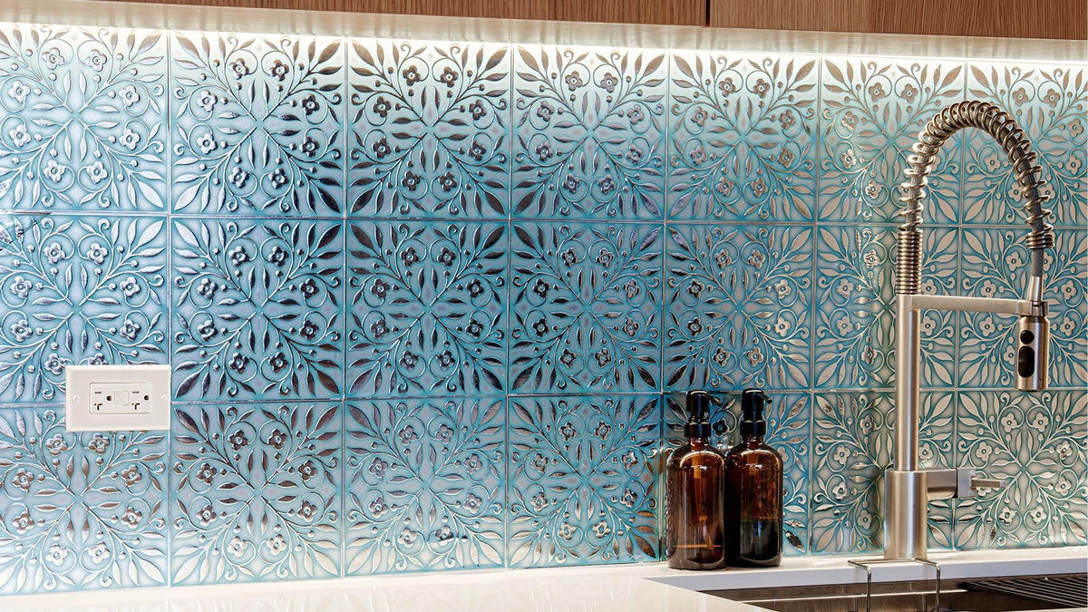 Main Street teal-silver leaves pattern tile in kitchen for quick updates.