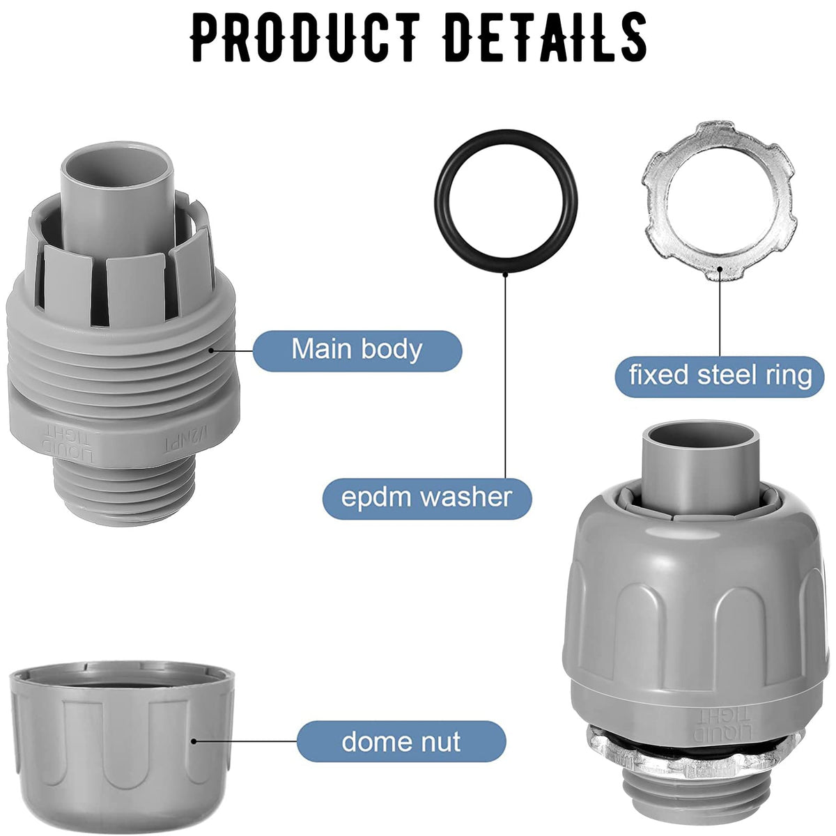 Maitys flexible conduit connector close-up showing secure fit and grip.