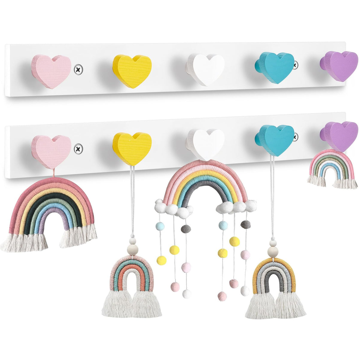 Maitys heart hook wall rack in wooden finish keeps kids' coats organized.