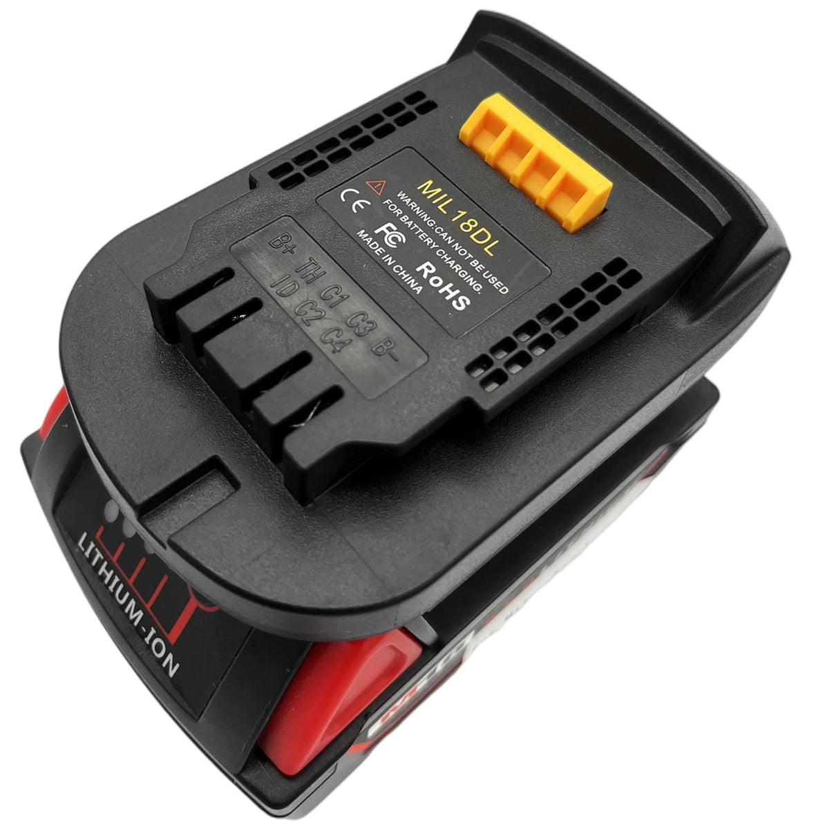 MAKBOS MIL18DL adapter close-up; sturdy build enables reliable cross-brand battery use.