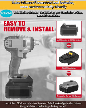 MAKBOS MIL18DL adapter in use; easy cross-brand battery swapping.
