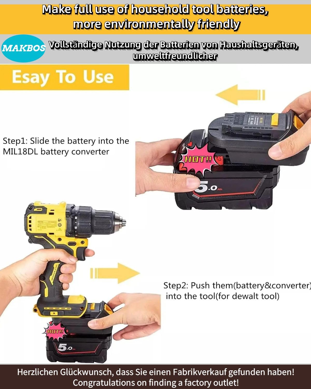 MAKBOS MIL18DL adapter secure lock; tight connection prevents battery slippage.