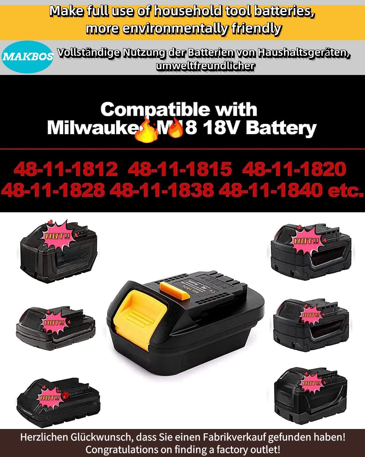 MAKBOS MIL18DL converter top features; DeWalt 18V/20V compatibility highlighted.