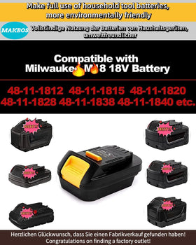 MAKBOS MIL18DL converter top features; DeWalt 18V/20V compatibility highlighted.
