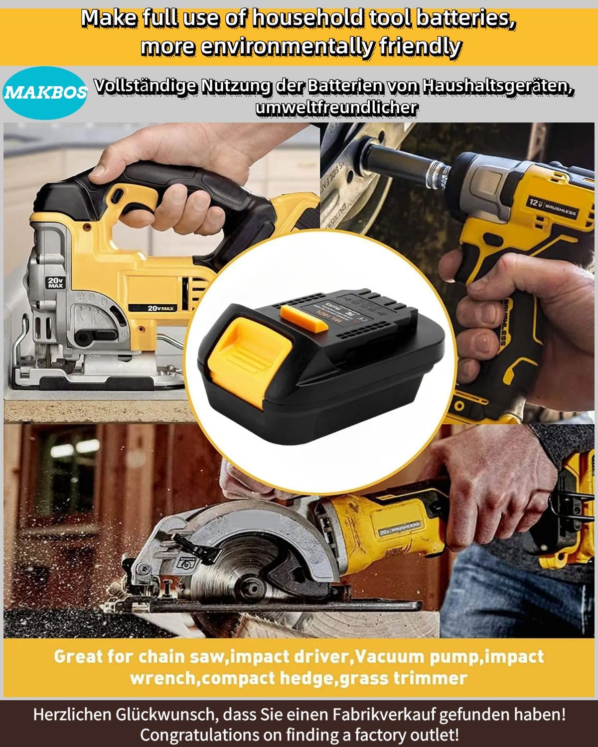 MAKBOS MIL18DL promotes cross-brand power options for Milwaukee and DeWalt tools.