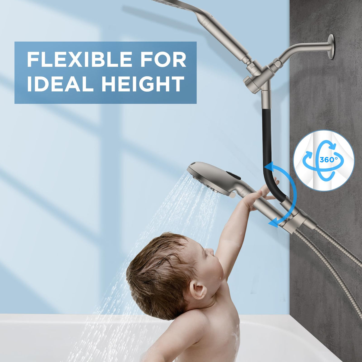 MakeFit adjustable shower bar shows ergonomic design for customizable angle and height.