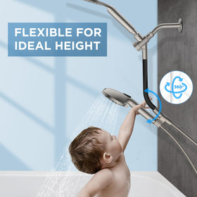MakeFit adjustable shower bar shows ergonomic design for customizable angle and height.