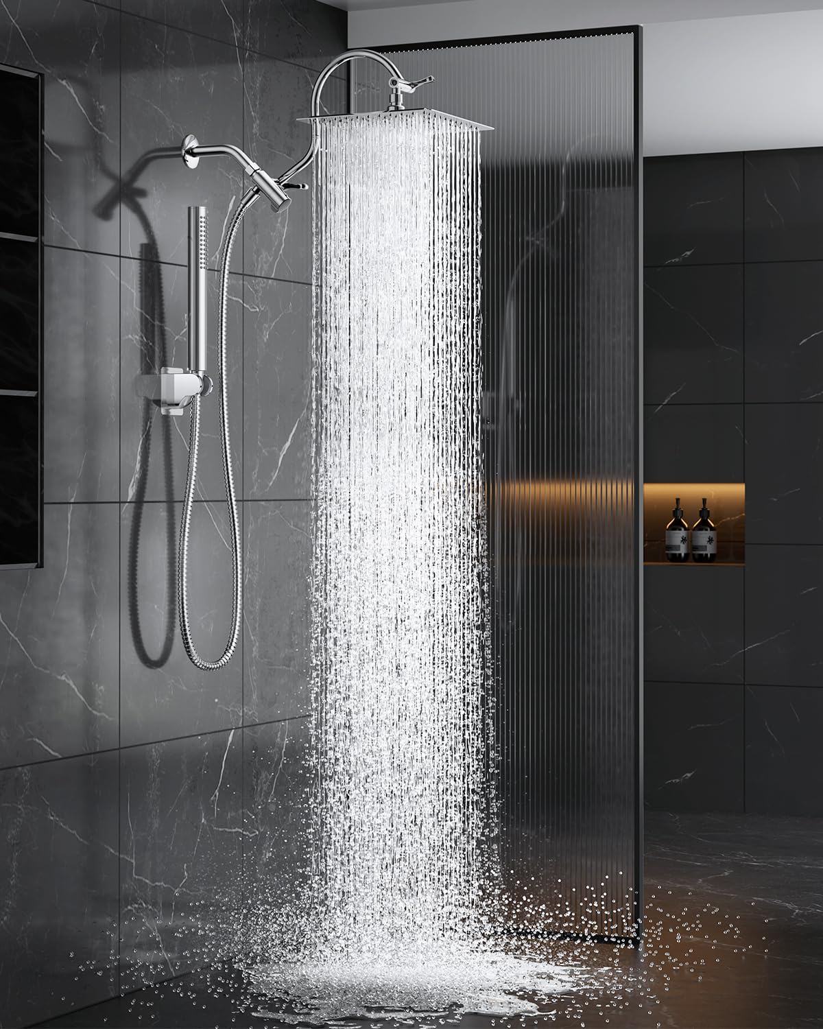 MakeFit all-metal dual shower head with curved extension for durability