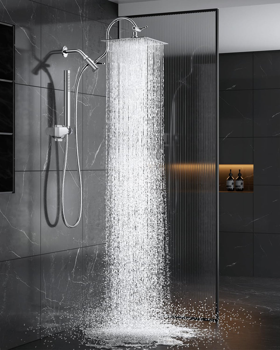 MakeFit all-metal dual shower head with curved extension for durability