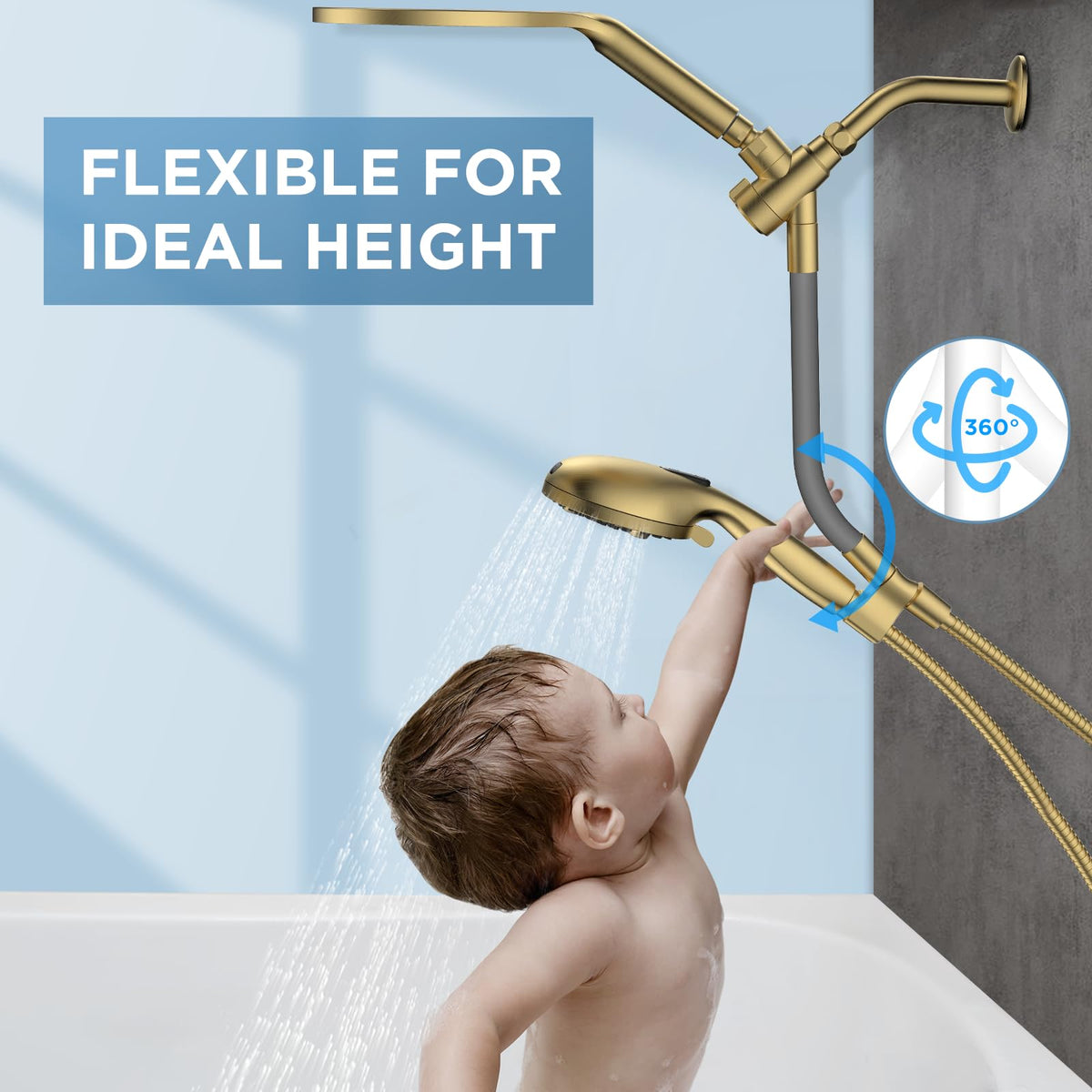 MakeFit brass and metal adjustable bar offers secure angle control during showers.