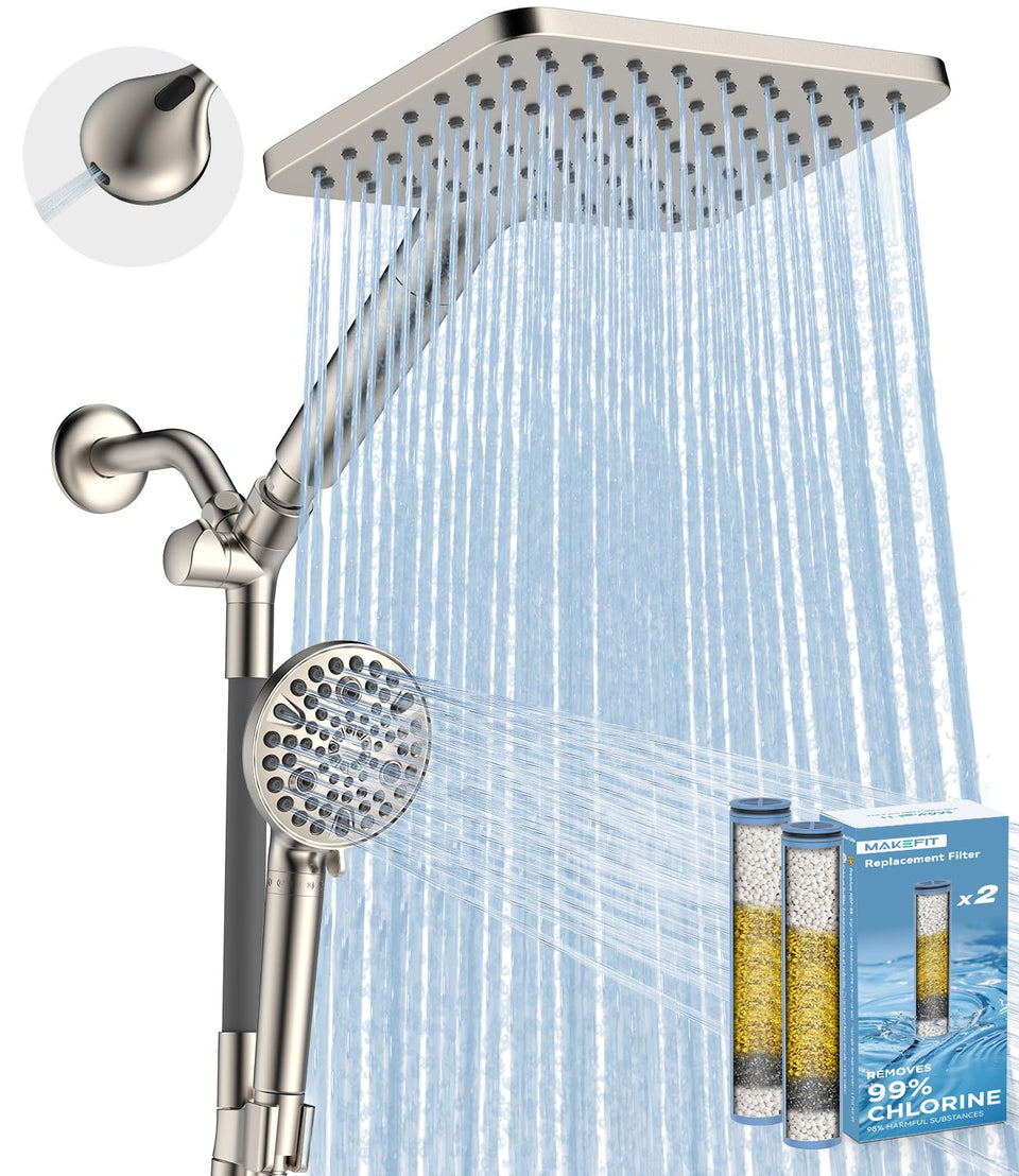 MakeFit dual-filtered handheld shower head with chlorine removal for healthier skin and hair.