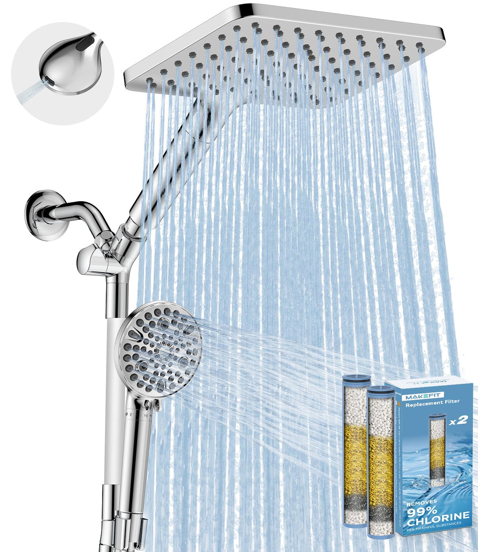 MakeFit dual-filtered rain shower head assembly delivers enveloping coverage for a spa-like shower