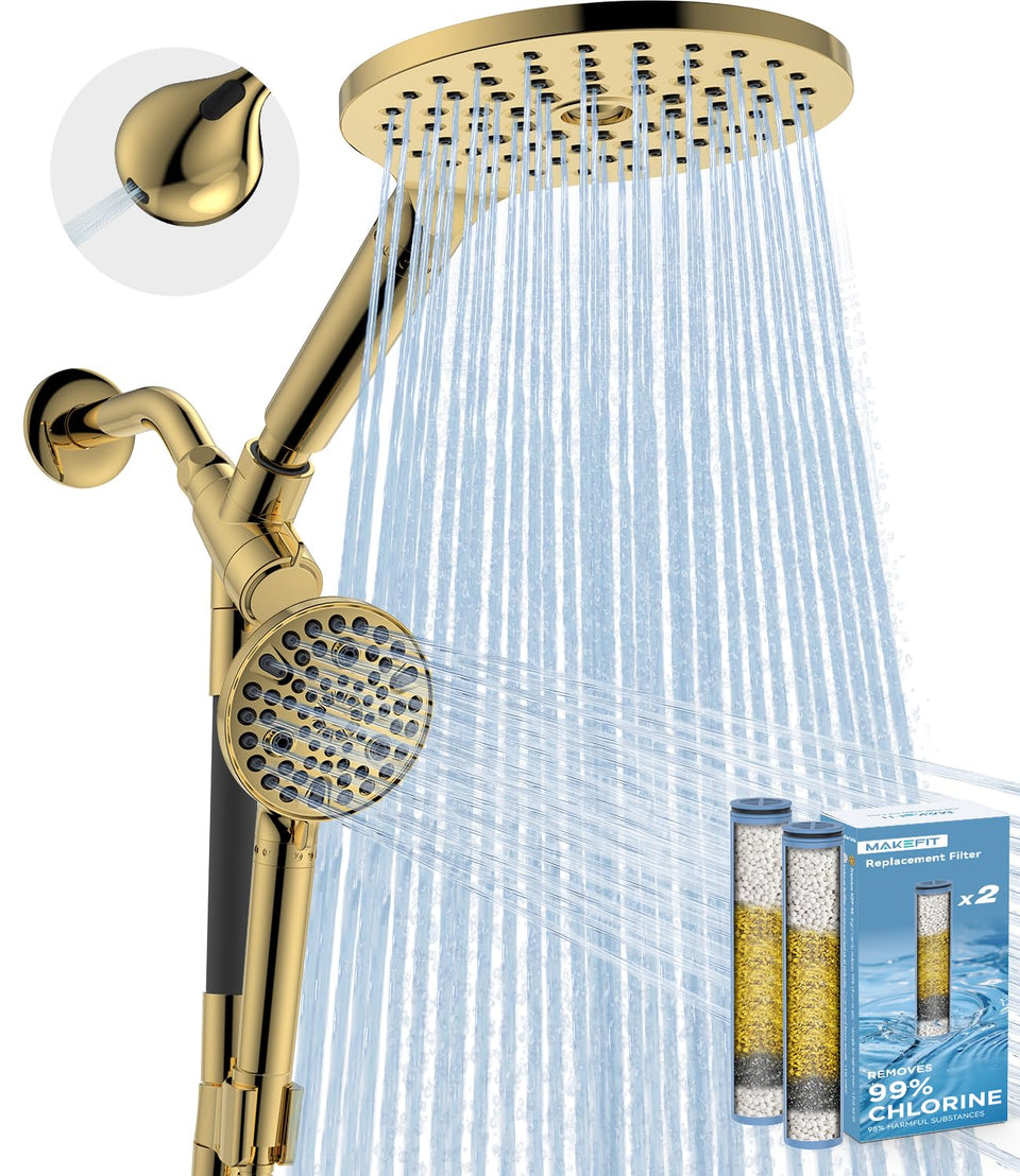 MakeFit dual filtered shower head close-up showing filtration media for cleaner water.