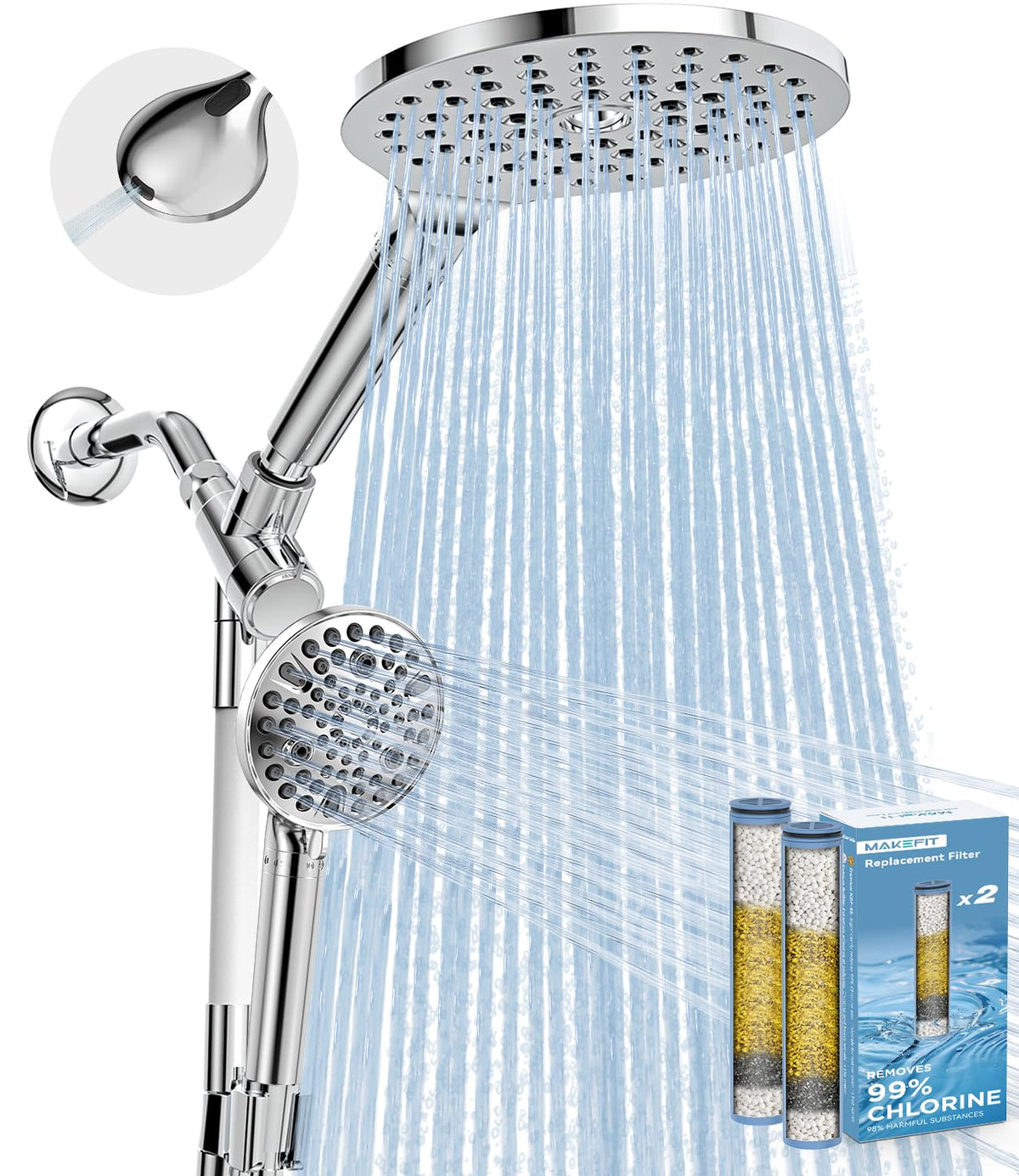 MakeFit dual filtered rain shower head combo for a spa-like home bath experience.