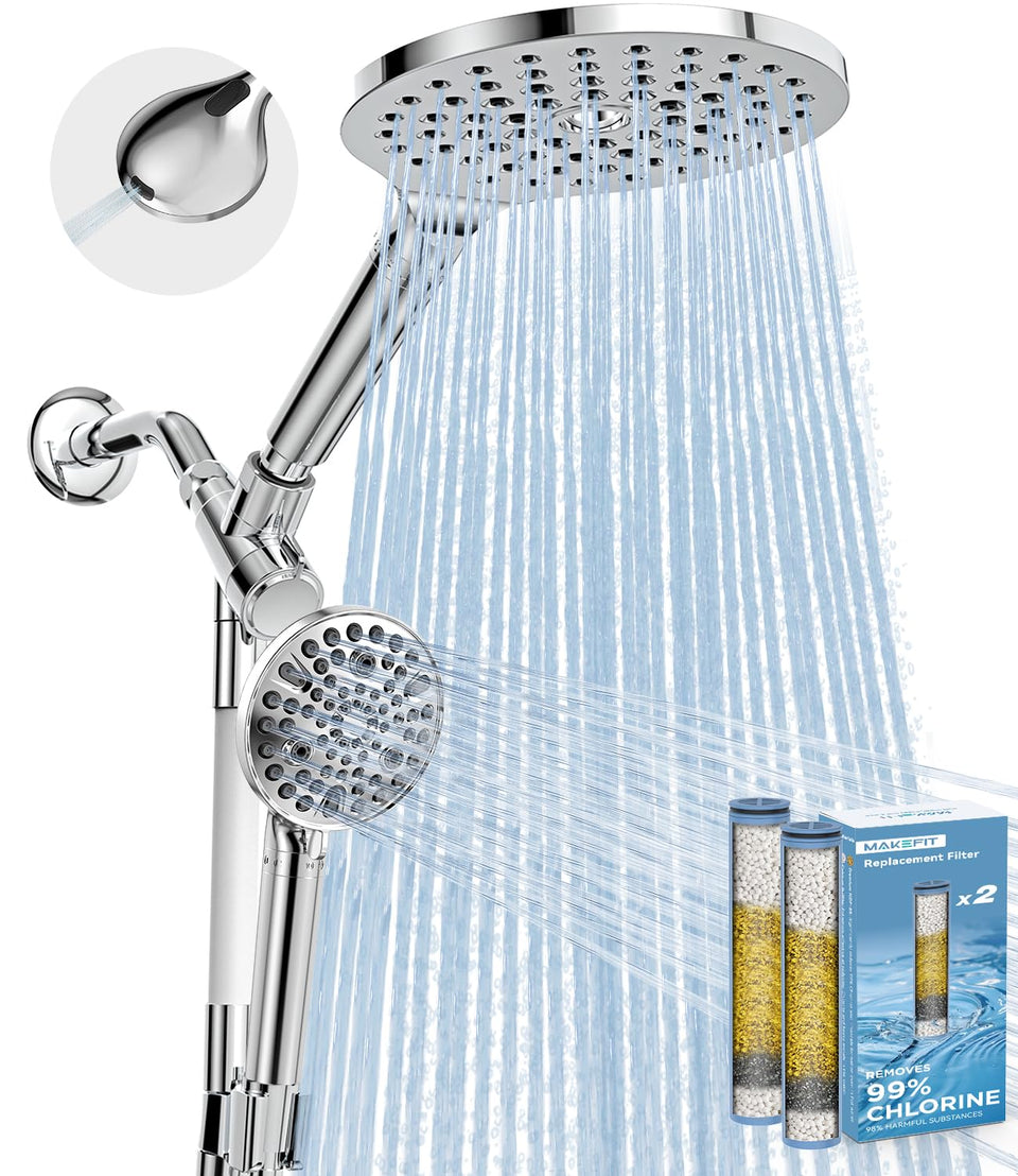 MakeFit dual filtered rain shower head combo for a spa-like home bath experience.
