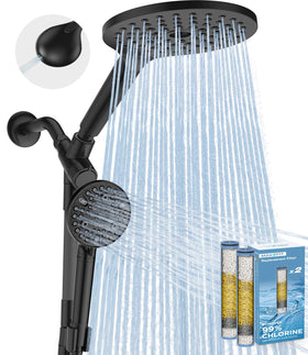MakeFit dual filtered rain shower head delivers gentle rainfall and cleaner water for skin and hair.