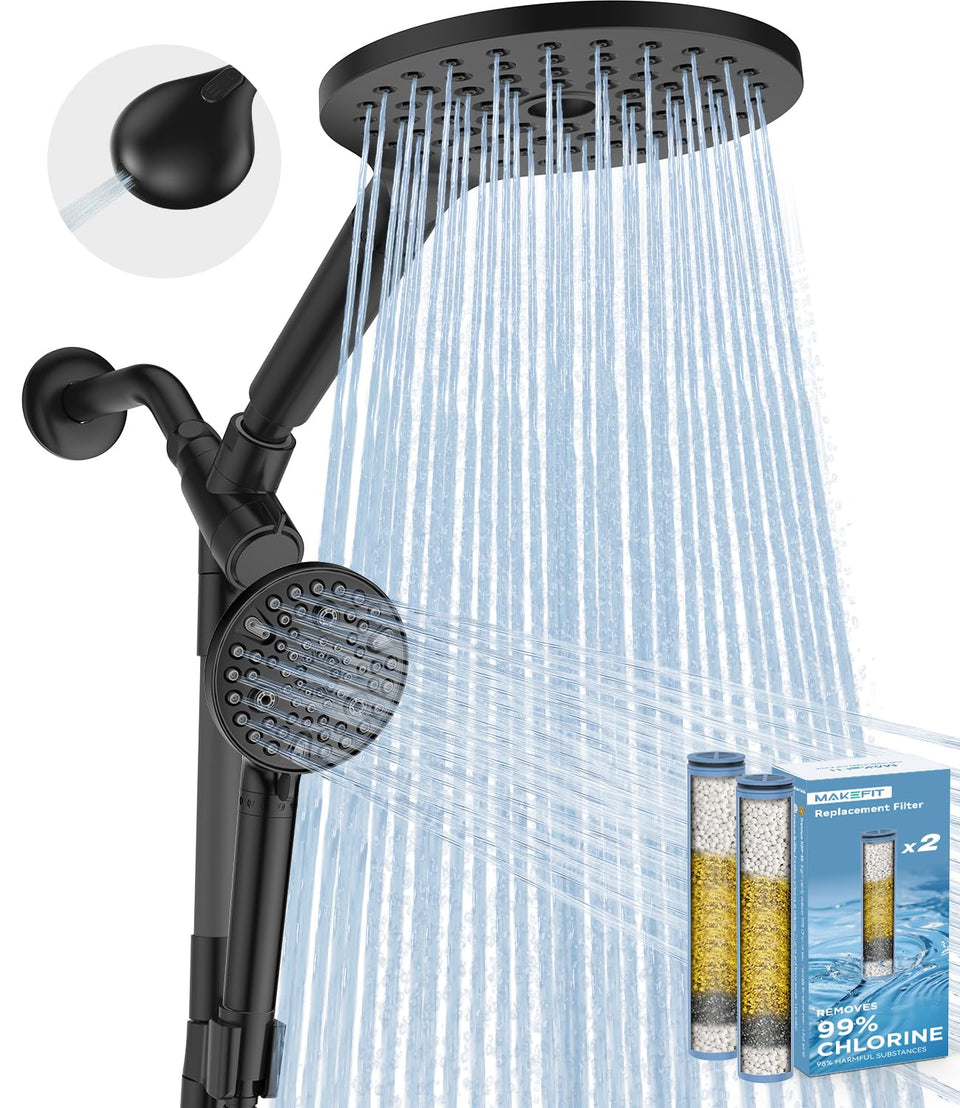 MakeFit dual filtered rain shower head delivers gentle rainfall and cleaner water for skin and hair.