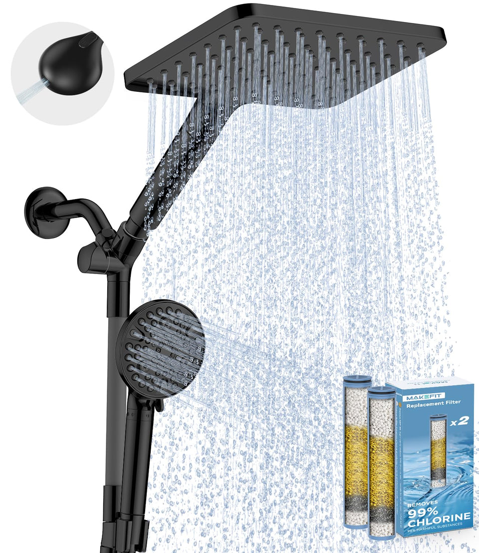 MakeFit dual filtered rain shower head provides spa-like rainfall with filtered water.