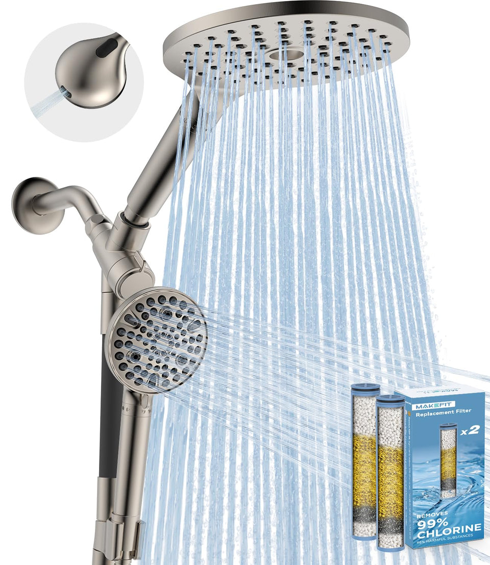 MakeFit dual filtered rain shower head demonstrates filtration for healthier skin and hair.