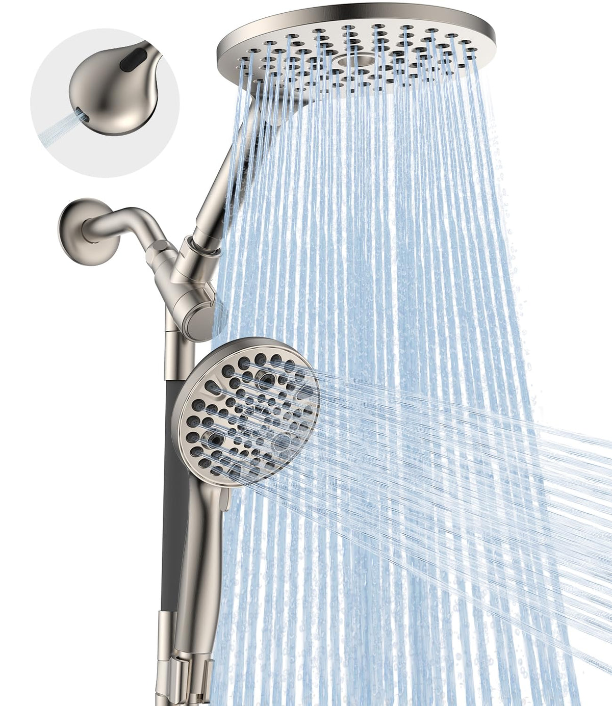 MakeFit dual shower head combo main rainfall head delivers full-body coverage for a spa-like bath