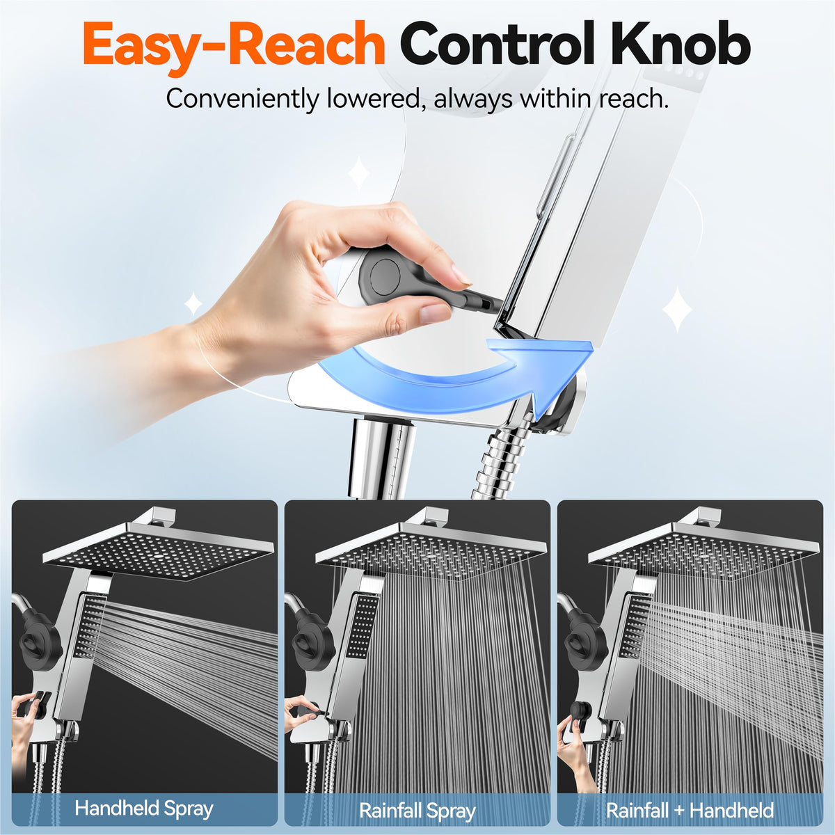 MakeFit ergonomic mode-control knob enables effortless switching between spray modes.