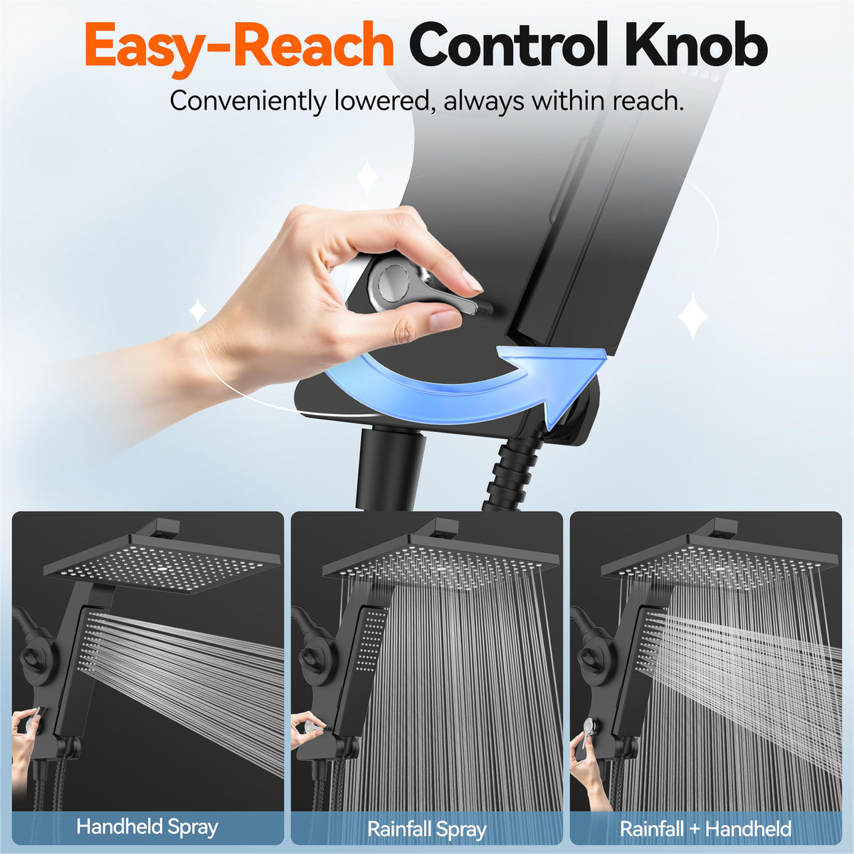 MakeFit ergonomic mode control switches between rainfall handheld and dual modes