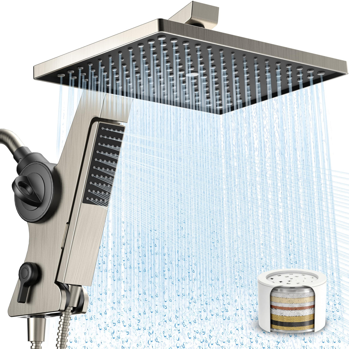 MakeFit filtered 12-inch rain shower head provides immersive full-body coverage.