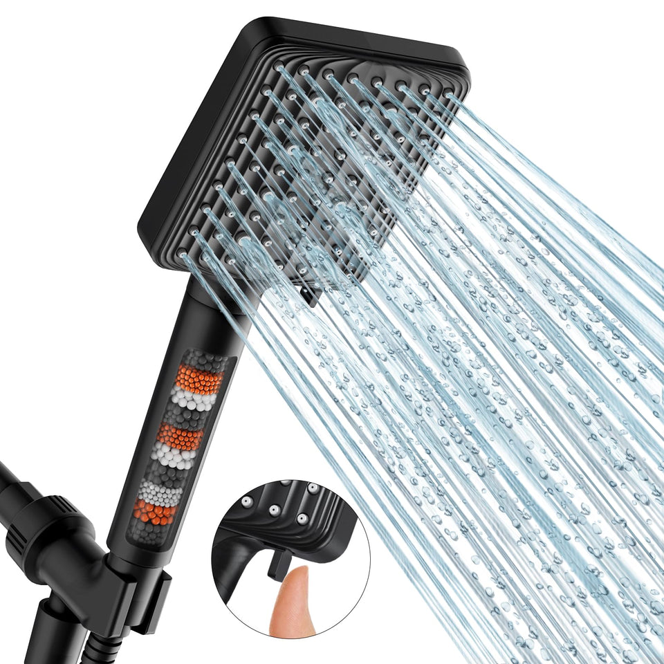 MakeFit filtered shower head in black with six modes for versatile showers.