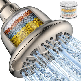 MakeFit filtered shower head in brushed nickel with clear filter window for easy maintenance.
