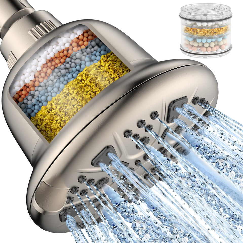 MakeFit filtered shower head in brushed nickel with clear filter window for easy maintenance.