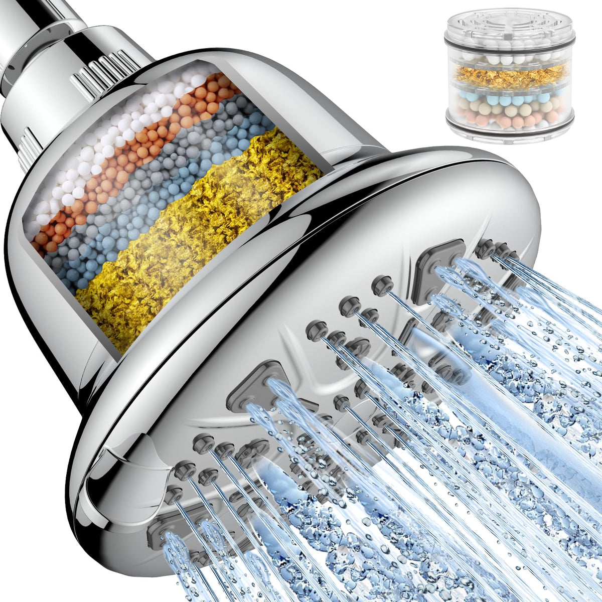 MakeFit filtered shower head chrome front view showing sleek design and finish
