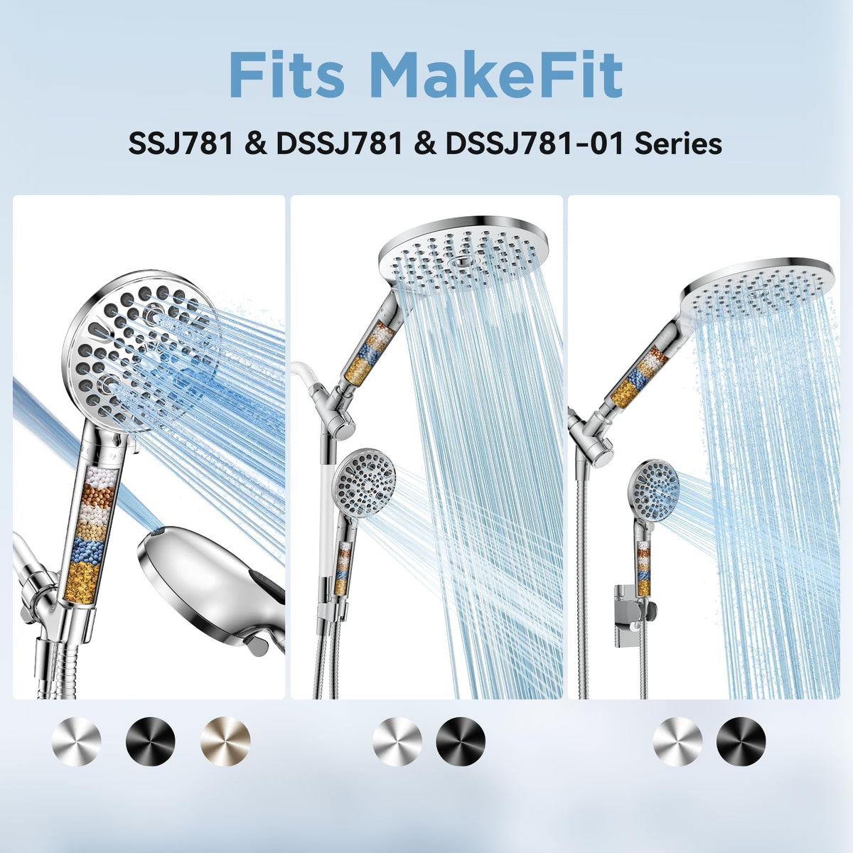 MakeFit filter-equipped handheld shower head delivers refreshed skin after every use.