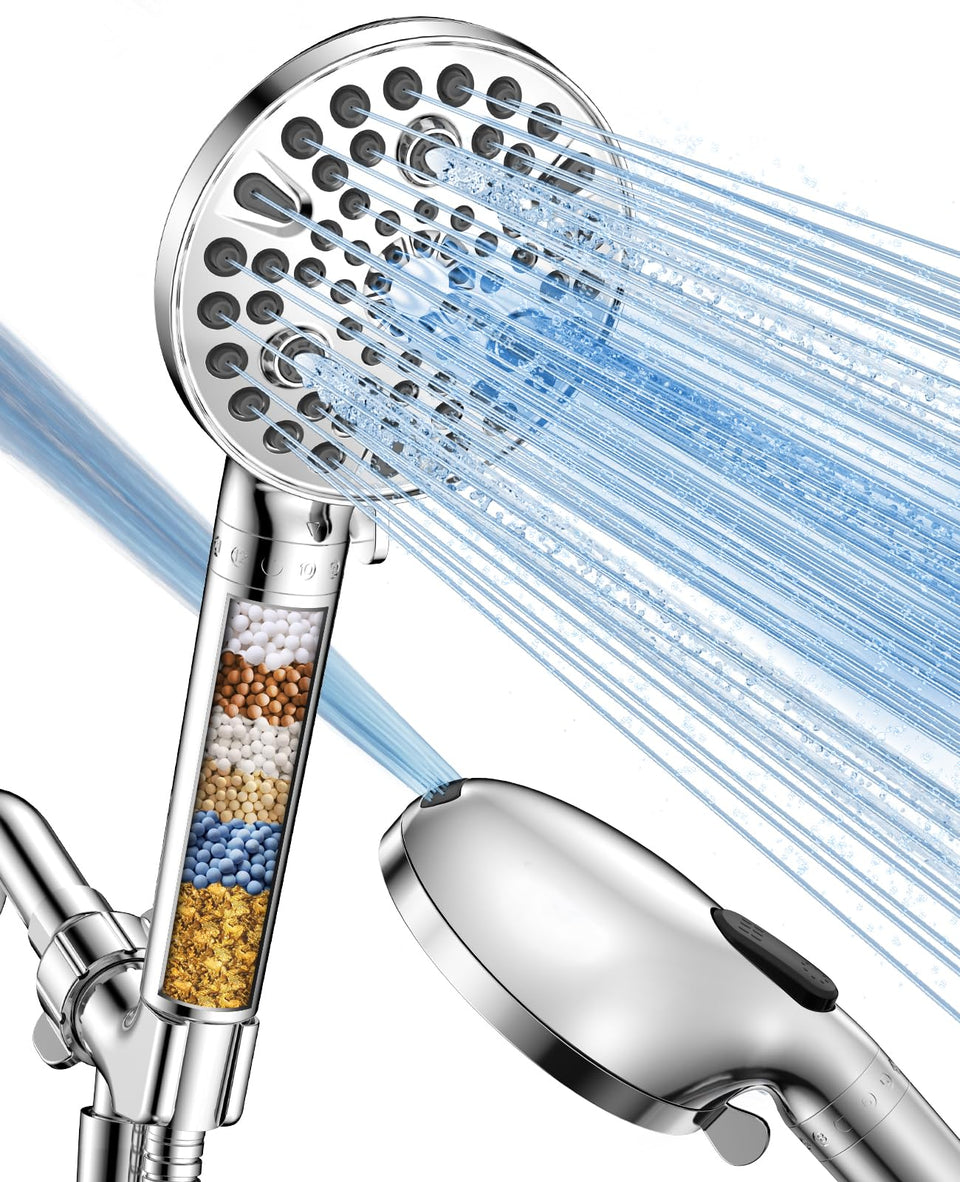 MakeFit Filtered Shower Head handheld viewed from side, showcases flexible control and comfortable, customizable spray