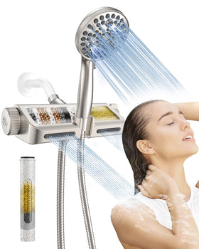 MakeFit filtered shower head with handheld combo in brushed nickel for spa-like relief.