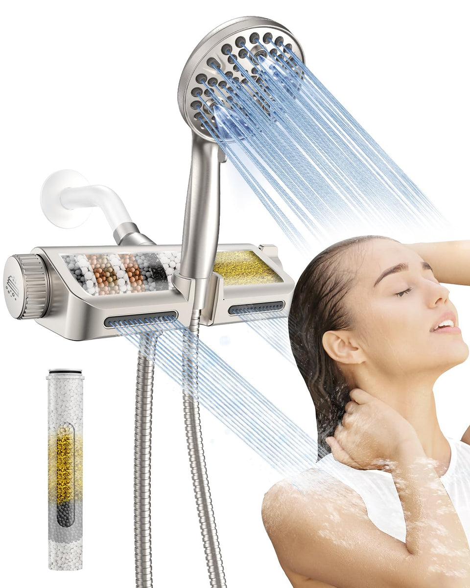 MakeFit filtered shower head with handheld combo in brushed nickel for spa-like relief.