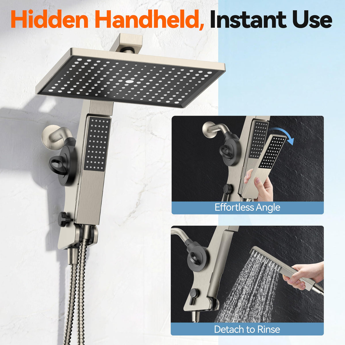 MakeFit hidden detachable wand blends into the shower arm for a clean look.