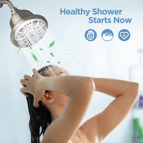 MakeFit brushed nickel shower head complements modern bathroom decor.