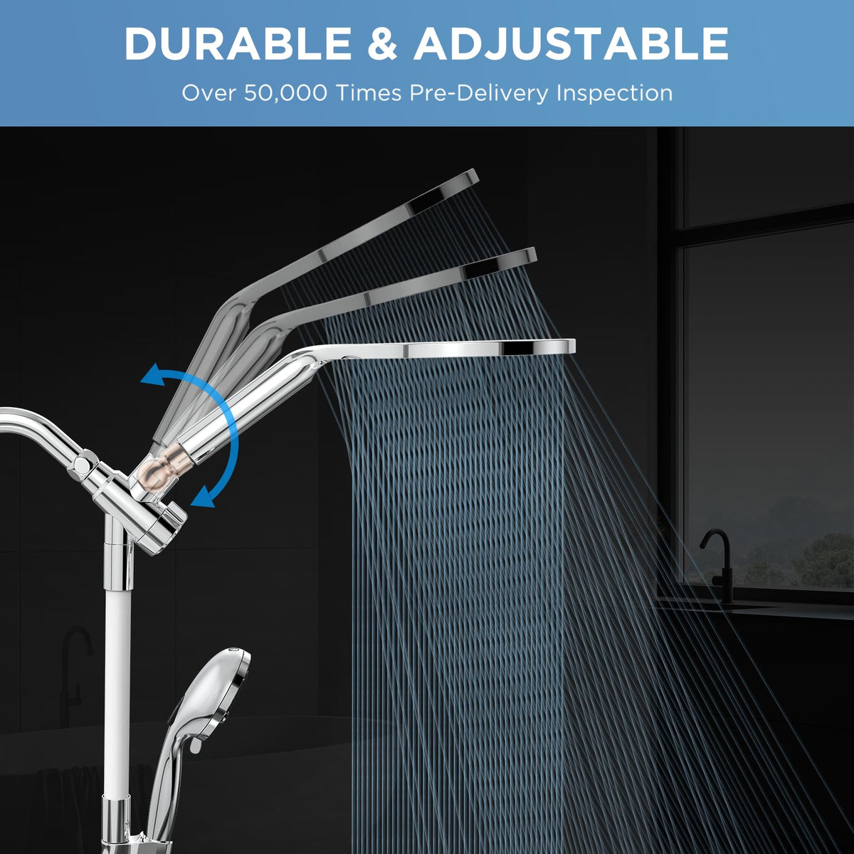 MakeFit rain shower head close-up highlighting strong water pressure