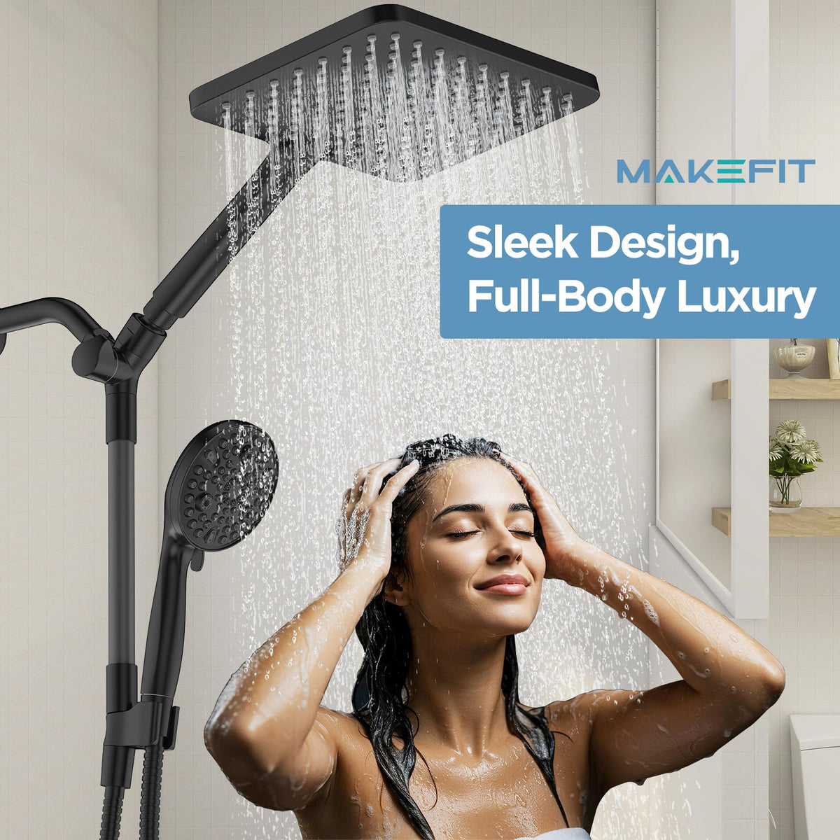 MakeFit rain shower head high pressure performance for fuller body coverage.