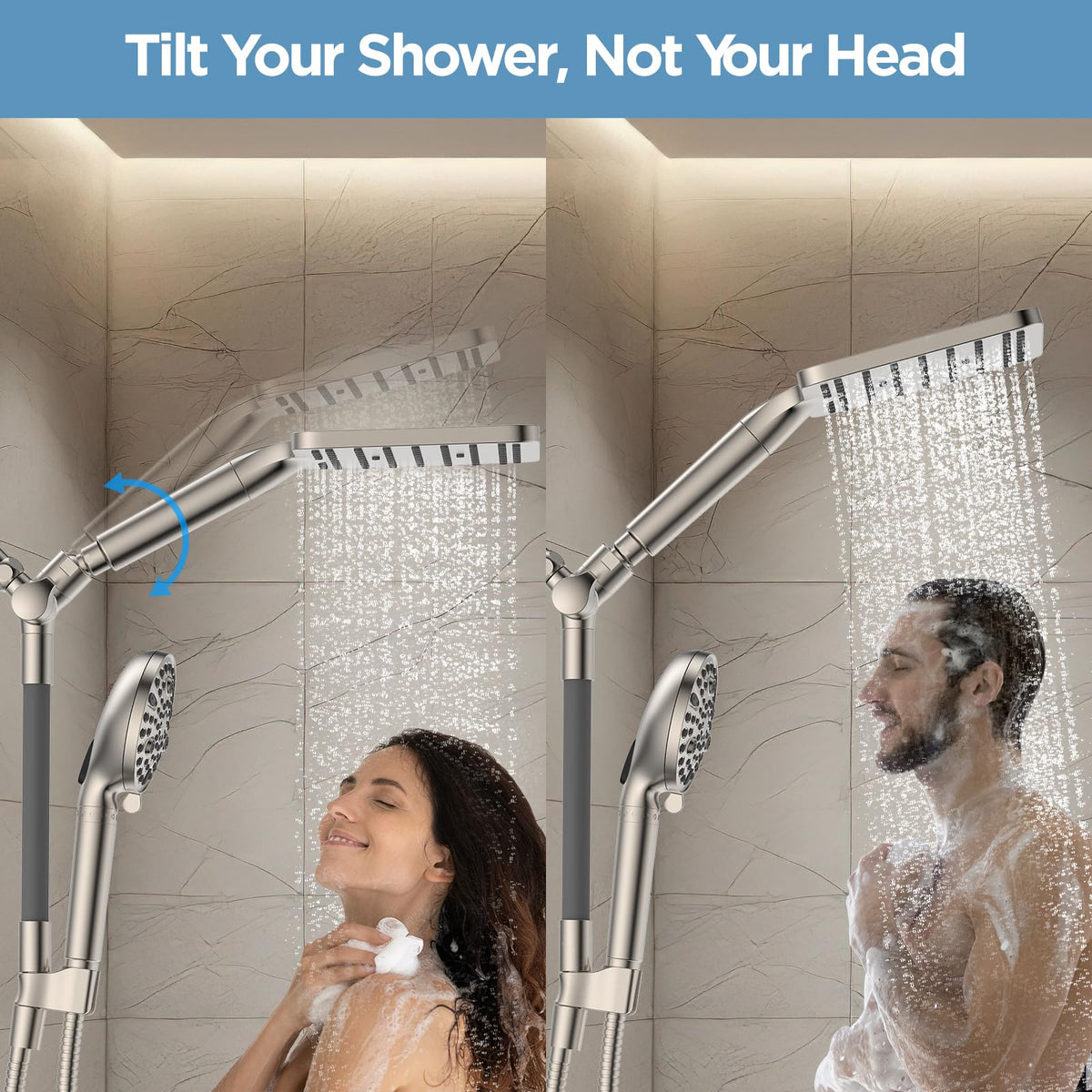 MakeFit rainfall shower head provides high-pressure coverage for a refreshing full-body rinse.