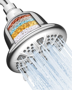 MakeFit shower head filter replacement internal media detail highlights KDF-55 and multi-stage filtration.